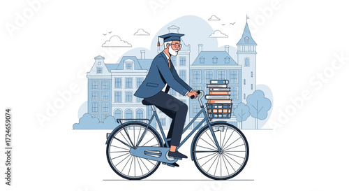 An elderly professor, complete with a graduation cap, cycles through a charming town carrying a stack of books in his basket, embodying knowledge and lifelong learning