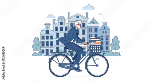 Elderly gentleman commutes on bicycle, carrying books in front of old European buildings, promoting active senior lifestyle, sustainable travel, and urban exploration, in a simple illustration