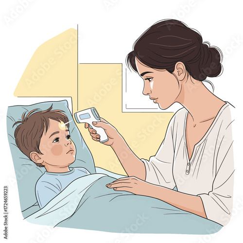 A caring mother checks her sick child's forehead temperature with a digital thermometer while he rests in bed, showing concern.