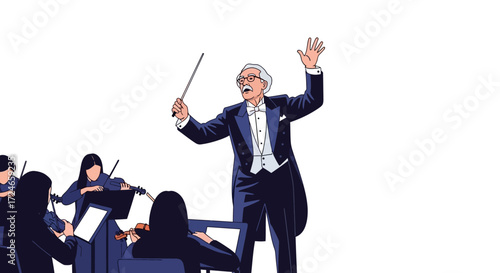 Orchestra conductor leading with passion An illustration of a senior conductor in formal wear, inspiring musicians with expressive gestures during a performance