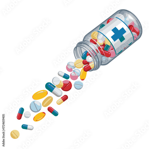 Colorful pills and capsules spilling out of a clear medicine bottle with a blue cross symbol.