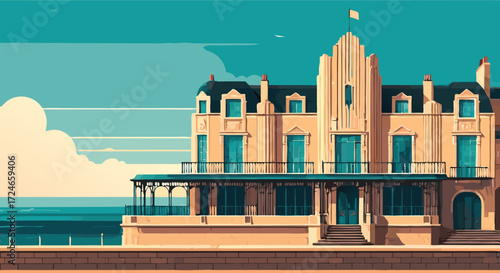 Coastal Villa with Flag: a stunning illustration depicts a stately villa perched on a scenic coastline, its architectural elegance standing against the backdrop of an expansive sky.