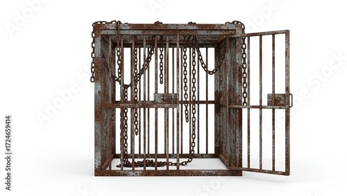 A weathered rusty cage with its heavy door swung open and chains hanging down, isolated against a clear blank white background for concepts of freedom