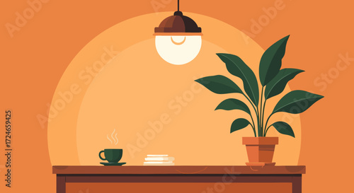 Serene Home Workspace: A minimalist illustration captures a calm and inviting indoor workspace with a potted plant, steaming coffee, and soft lighting.