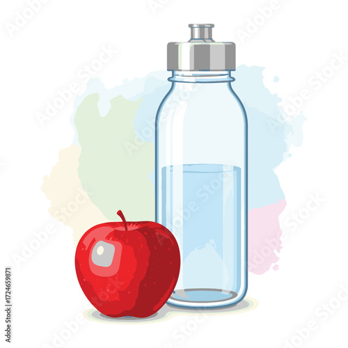A vibrant red apple sits beside a clear water bottle filled with refreshing liquid, promoting healthy hydration and snacking.