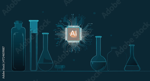AI Technology in Science: An intricate illustration showcases a central AI processing unit surrounded by a set of laboratory beakers and test tubes.