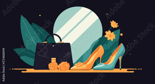 Sophisticated Fashion Icon: An artistic illustration showcases a fashionable handbag, high heels, and floral accents against a dark background.
