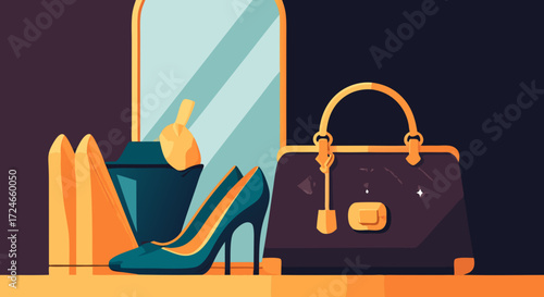 Elegance's Essentials: A meticulously crafted flat lay showcases a lady's fashionable accessories. A fashionable handbag and sophisticated pumps alongside a decorative mirror. An alluring display.
