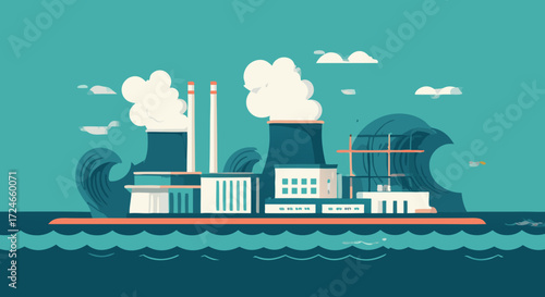 Industrial Island and Tsunami Wave: An illustrative depiction of an industrial island, with smoking chimneys, being menaced by a giant, powerful wave. A visual commentary on environmental challenges.