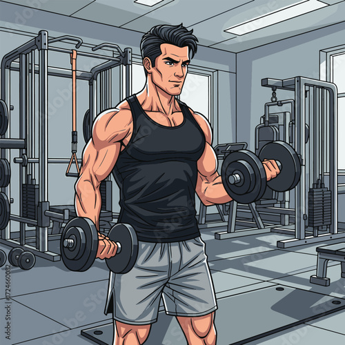 Muscular man in a black tank top and grey shorts performing bicep curls with dumbbells in a modern gym setting.