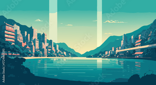Coastal Cityscape Illustration: A tranquil coastal cityscape unfolds under a clear sky, buildings mirrored on calm water, with lush mountains providing a dramatic backdrop to this pixelated artwork.