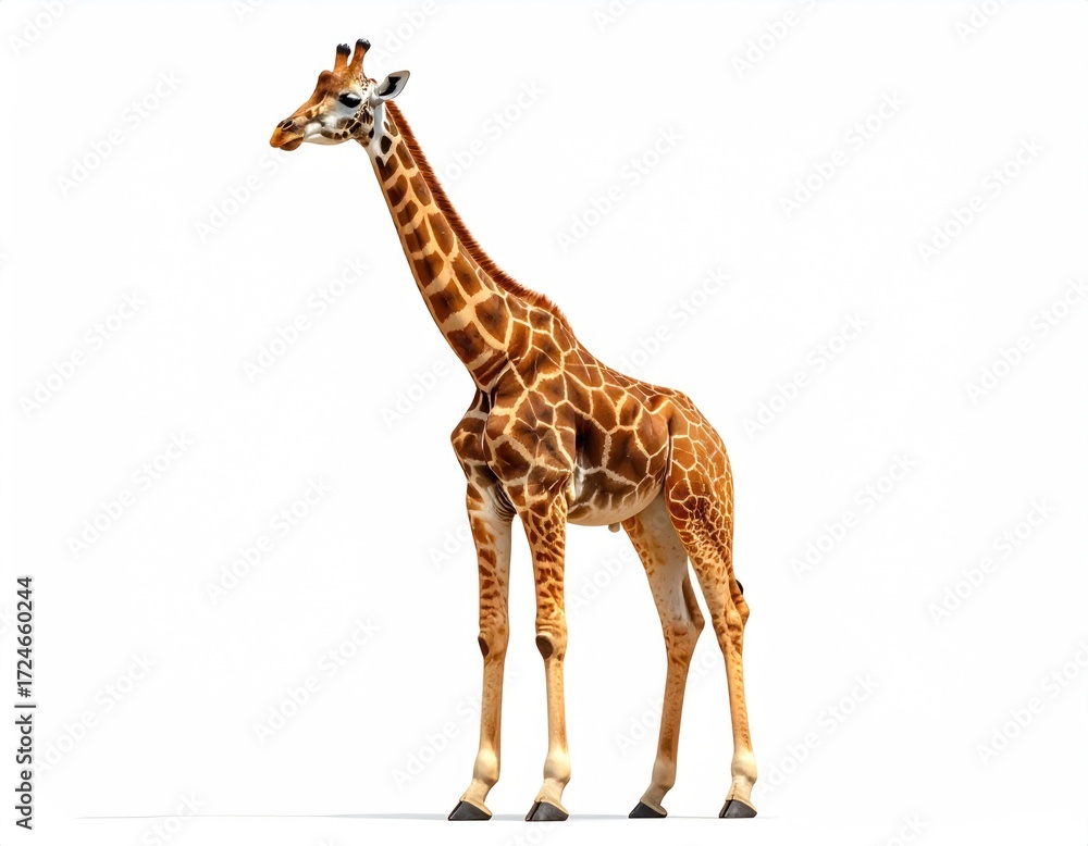 Naklejka premium Tall giraffe with patterned hide standing against a plain backdrop, presenting a clear, well-lit full body shot