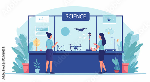 Women at Science Display: Two female researchers explore a dynamic science exhibit filled with technology and innovation, sparking curiosity and promoting learning.