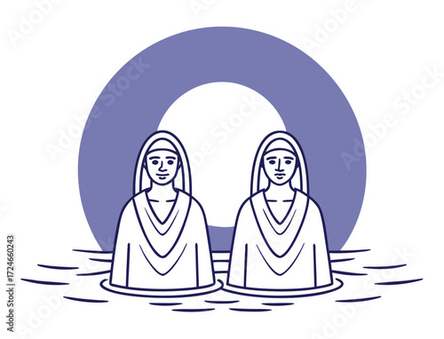 Gemini astrological sign illustration of twins in water with circle