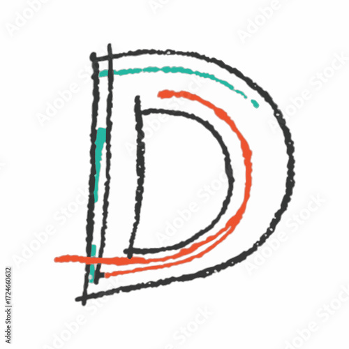 Doodle sketch vector letter D in green, cheerful typography sketch for kids or design blogs