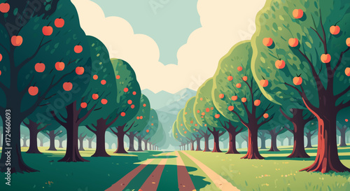 Orchard Path Panorama: A vibrant illustration showcases a tranquil orchard path lined with flourishing trees laden with ripe fruit, inviting viewers on a journey through nature's bounty.