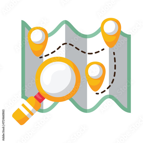 Magnifying glass on a folded map with location pins and a dashed route