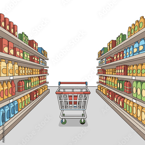 An empty shopping cart positioned in the middle of a supermarket aisle, flanked by tall shelves stocked with various colorful products and groceries.