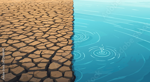 Drought Versus Abundance: A stark comparison, contrasting the arid landscape of drought with the refreshing presence of water, illustrating the critical need for environmental awareness.