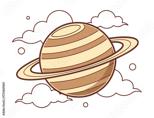 Cartoon planet Saturn with rings and clouds cosmic illustration