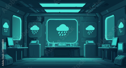 Scientific Research Station: Immerse yourself in a futuristic research laboratory, bathed in cool teal hues, where cutting-edge technology and meteorological graphics depict the essence of the image.