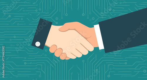 Digital Deal: A modern graphic showcasing a handshake, symbolizing the collaboration and partnership of business. Set against a background of circuit board-inspired design.