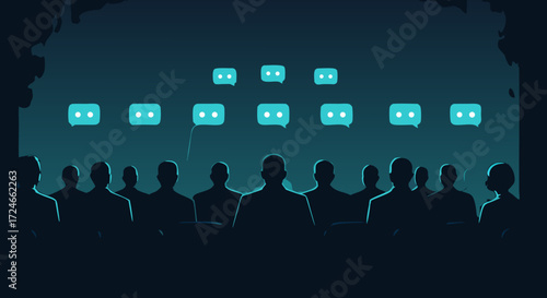 The Silent Audience: An illustration of a dark silhouette gathering, contemplating the flow of digital information.