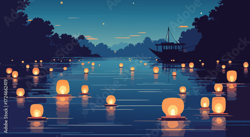 Floating Lanterns on Water: An enchanting image capturing the serene beauty of a dark body of water at night. Lit lanterns gently float across the tranquil water surface, casting a warm glow.