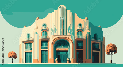 Art Deco Building's Grandeur: Capturing the charm and timeless elegance of a stunning Art Deco building, meticulously designed with iconic architectural details.