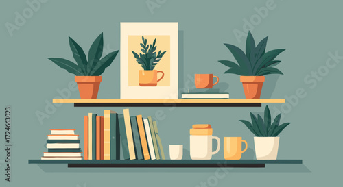 Serene Home Decor: An illustration of indoor plants in the warm tones of home decor, perfectly arranged on a shelf, creating a sense of peace and tranquility. 