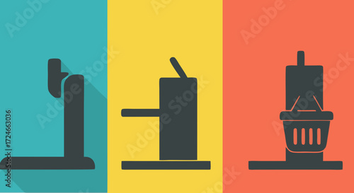 Printing Machinery Silhouette: A minimalistic illustration showcasing three distinct printing machinery silhouettes against vibrant, colorful backgrounds.