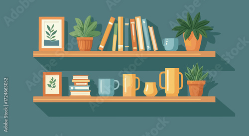 Books and Plants on Shelves:  A cozy indoor scene showcasing wooden shelves filled with books, potted plants, and decorative items against a plain wall, radiating a sense of calm and warmth.