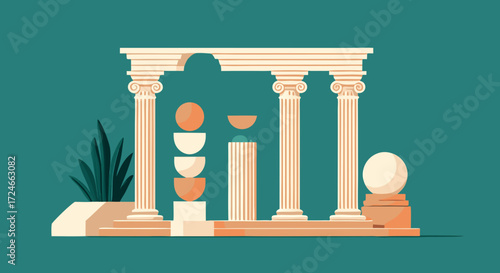 Ancient Ruins Illustration: A stylized illustration of ancient ruins, evoking a sense of classical architecture and historical charm, with geometric shapes to add an artistic appeal.