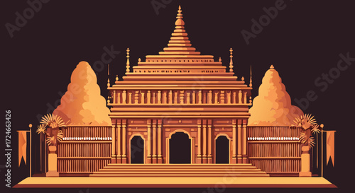 Pixelated Temple of Peace: A detailed, pixelated illustration showcases an ornate temple, radiating a sense of tranquility and historical grandeur.