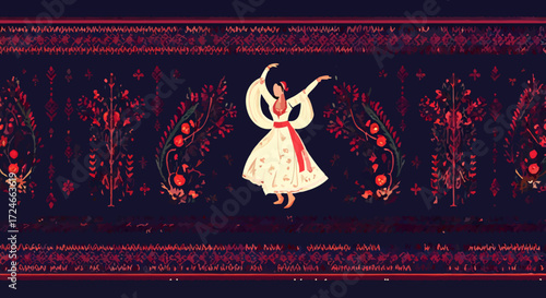 Traditional Dance: Graceful silhouette of a traditional dancer, adorned in flowing attire, celebrates a rich heritage, showcasing vibrant movement and cultural storytelling. 