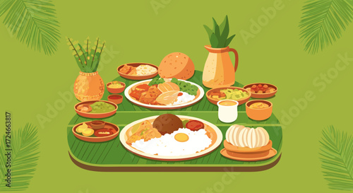 Tropical Culinary Symphony: A vibrantly styled image showcases a lavish spread of diverse tropical delicacies artfully presented. A visual feast bursting with color and flavor.