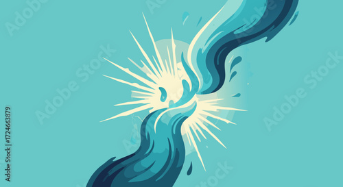 Water Flow and Connection: Two streams of flowing water converge, symbolizing the fusion of ideas or the connection of elements, set against a vibrant backdrop.