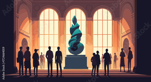 Museum Visitor's Gazing Sculpture: Silhouette figures of various shapes gather in awe, gazing up at a captivating work of abstract art within a classic art hall. Embrace your interior space.