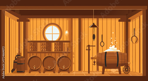 Ancient Craft: Step inside a traditional brewery, where wooden barrels and brewing equipment, illuminated by soft light, capture the essence of heritage and tradition.