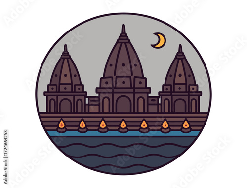 Vector Illustration of Varanasi Temples on the Ganges River at Night