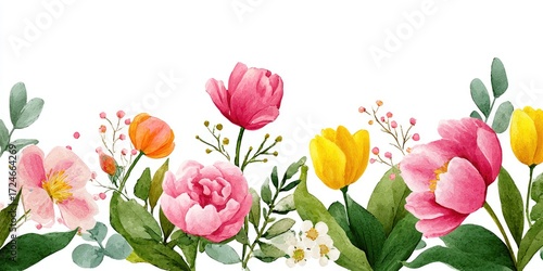 Wallpaper Mural Watercolor floral border with pink, orange, and yellow blooms, lush greenery, and delicate details Torontodigital.ca