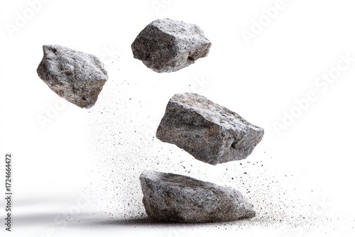 Four gray rocks levitate, suspended in mid-air, surrounded by a cloud of fine dust
