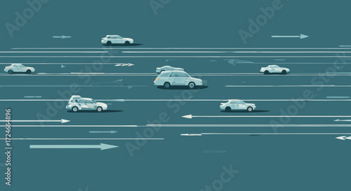 Traffic Flow Illustration: A pixelated rendering captures the essence of modern transportation, with a fleet of cars navigating a sea of arrows, symbolizing smooth, continuous movement.