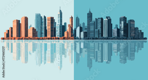 Urban Reflection: A striking split composition showcases a metropolis with mirrored reflections, juxtaposing the warm glow of morning with the cool hues of dusk in a seamless landscape.