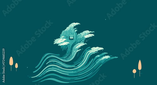 Oceanic Serenity: A stylized depiction of a house nestled amidst the serene waves of the ocean, capturing a sense of peace and tranquility.