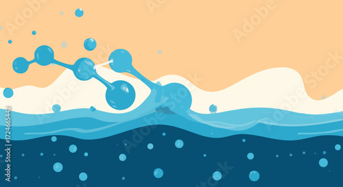 Water Molecule: A beautifully illustrated depiction of water molecules, captured in a refreshing, stylized composition that invites curiosity.