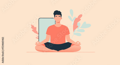 Digital Serenity: A modern representation of mindfulness and inner peace, a person practices meditation, with serene poise, embracing the calm that technology enables.