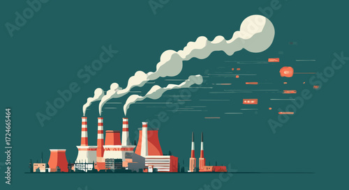 Industrial Emissions: A stylized illustration of an industrial plant, spewing thick smoke into the atmosphere, symbolizing pollution and environmental concerns.