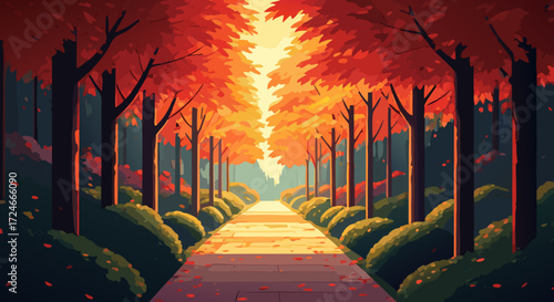 Autumn Pathway: An inviting, autumnal pathway leads the eye between rows of trees with fiery red and orange foliage, leading towards a warm, inviting horizon, offering a picturesque view.