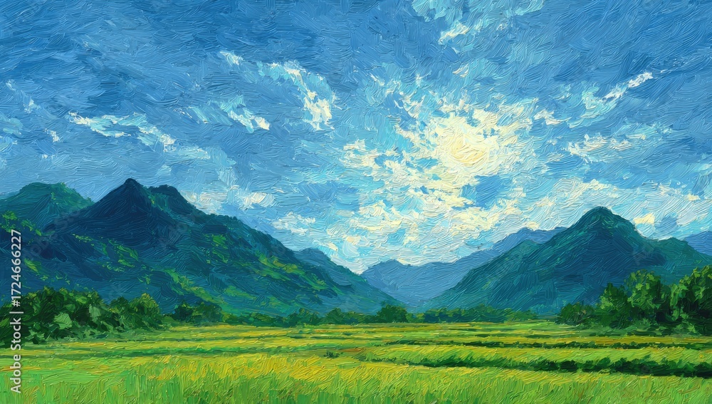 Fototapeta premium A vibrant landscape painting of rolling hills, lush greenery, and a vast expanse of golden fields under a vibrant, textured sky